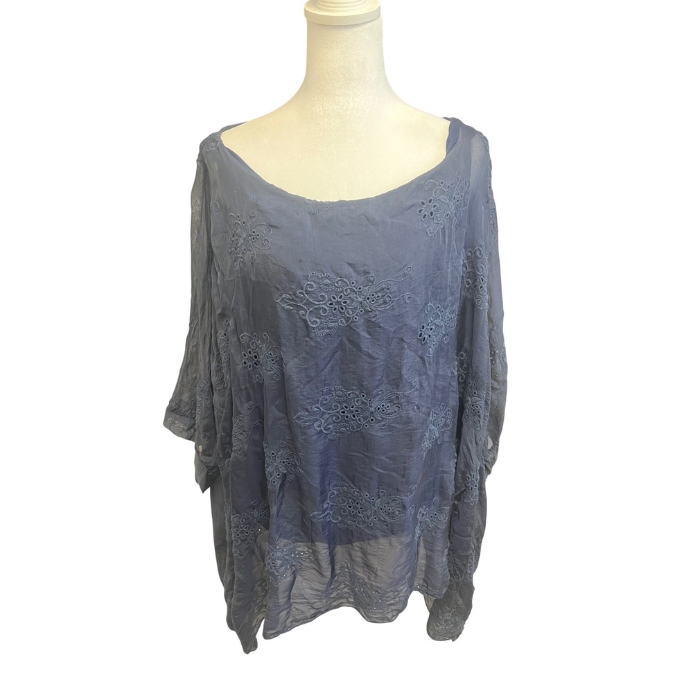 Fairycore Ethereal Top Silk Blend Embroidered Navy Blue Poncho Boho Lagenlook
